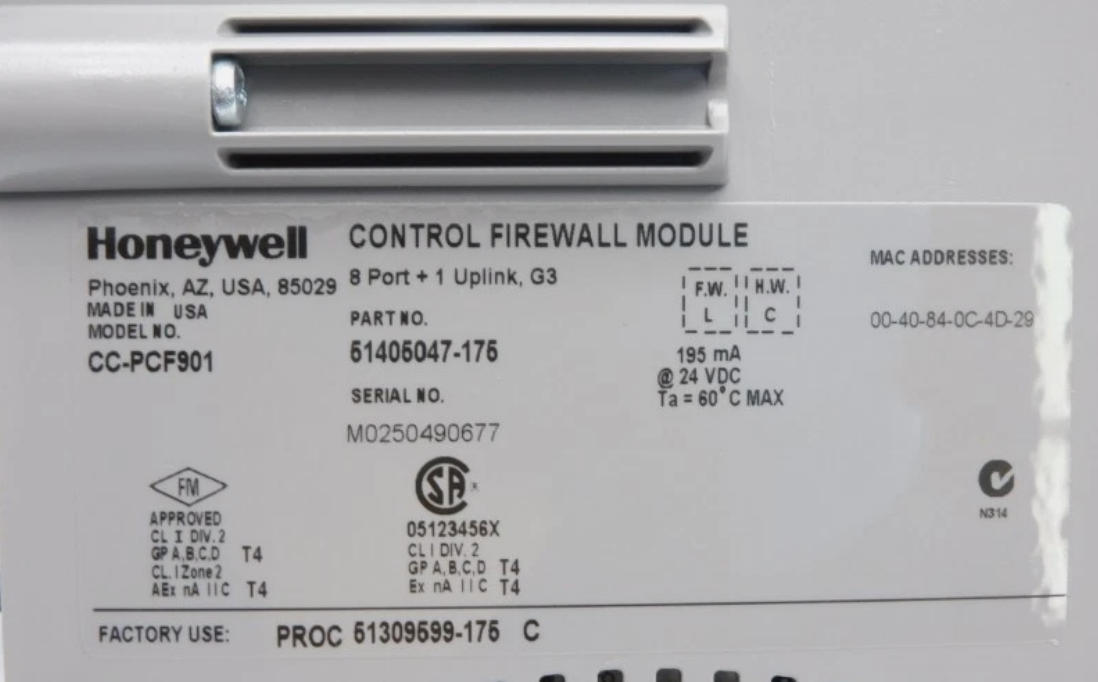 Honeywell CC-PCF901 Control Firewall Module với nguồn điện đồng 24V cho bảo vệ an ninh mạng và phân phối mạng FTE